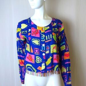 Bright Colorful Blouse Blue Print Beaded Hemline Size Medium